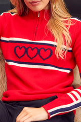 Merino Wool Stripe Hearts Quarter Zip | Red/Navy/Cream