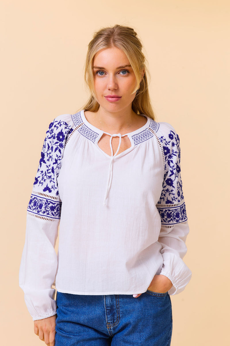 Ida Embroidered Top | White/Cobalt