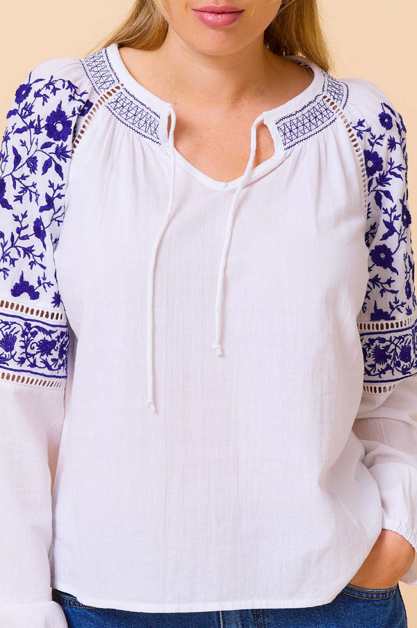 Ida Embroidered Top | White/Cobalt