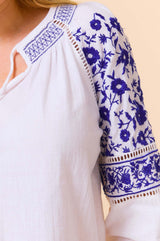 Ida Embroidered Top | White/Cobalt