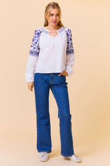 Ida Embroidered Top | White/Cobalt