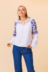 Ida Embroidered Top | White/Cobalt