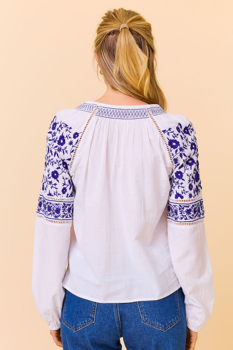 Ida Embroidered Top | White/Cobalt