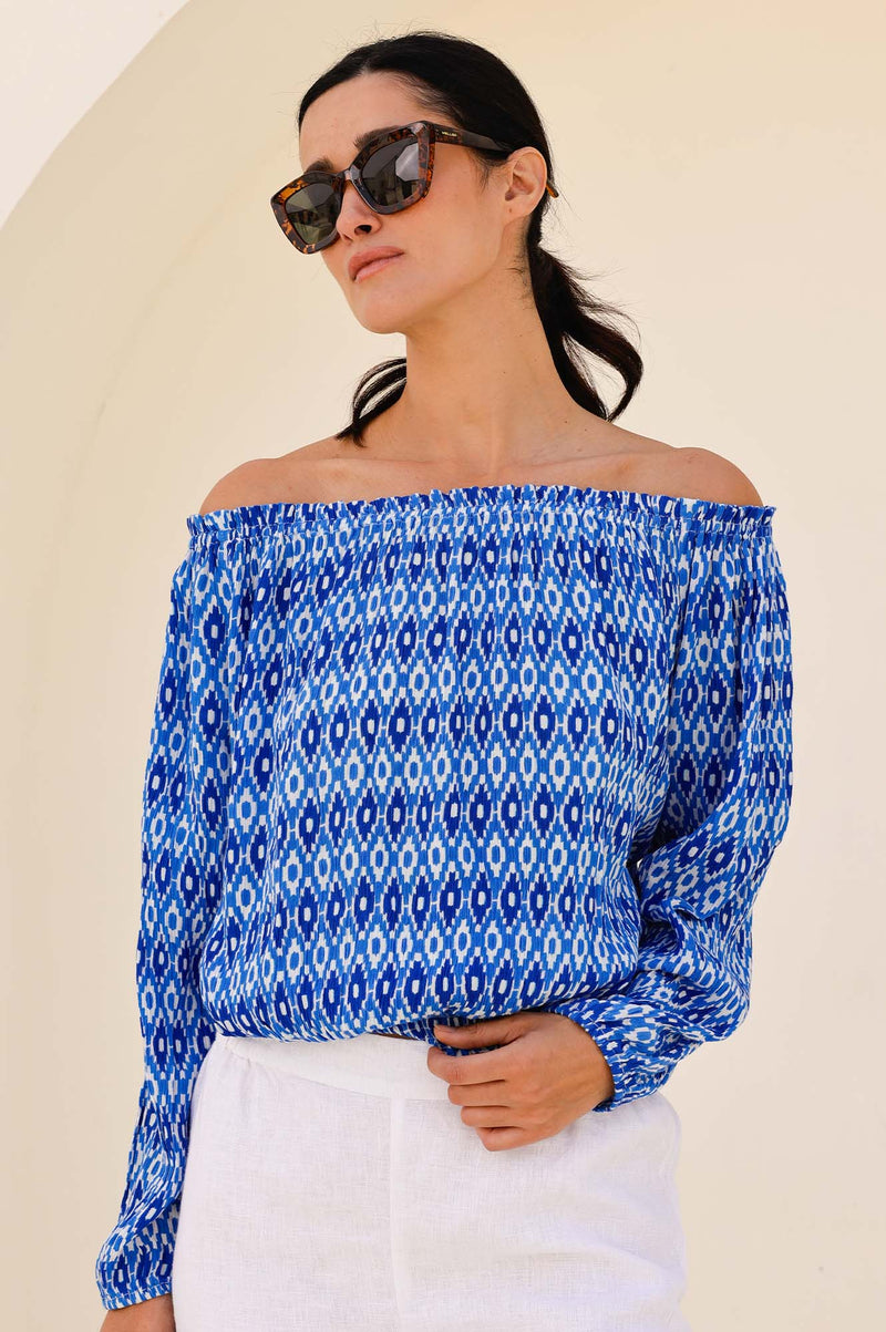 Ilana Long Sleeve Frill Top | Aztec Blue/White