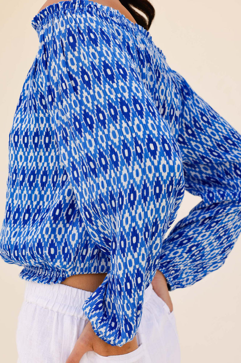 Ilana Long Sleeve Frill Top | Aztec Blue/White