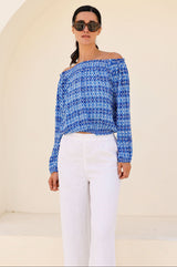 Ilana Long Sleeve Frill Top | Aztec Blue/White