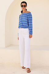 Ilana Long Sleeve Frill Top | Aztec Blue/White