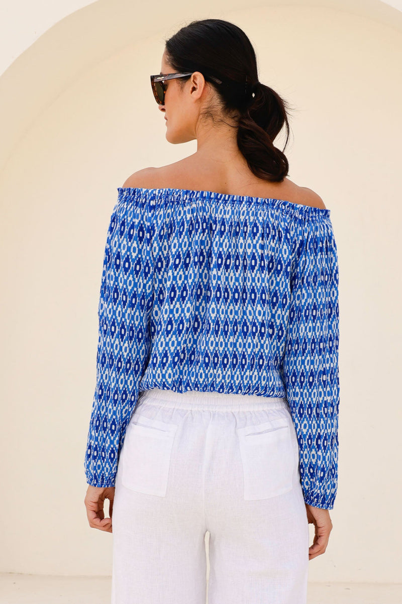 Ilana Long Sleeve Frill Top | Aztec Blue/White