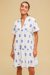 India Embroidered Organic Cotton Dress | White/Blue