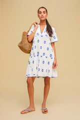 India Embroidered Organic Cotton Dress | White/Blue