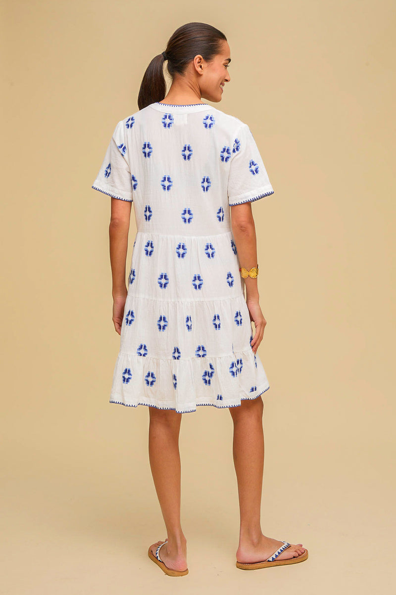 India Embroidered Organic Cotton Dress | White/Blue