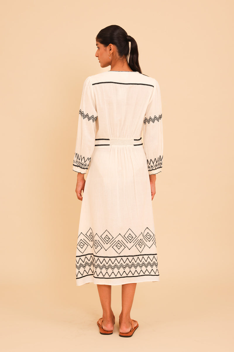 Jamila Embroidered Dress | Ecru/Navy Black