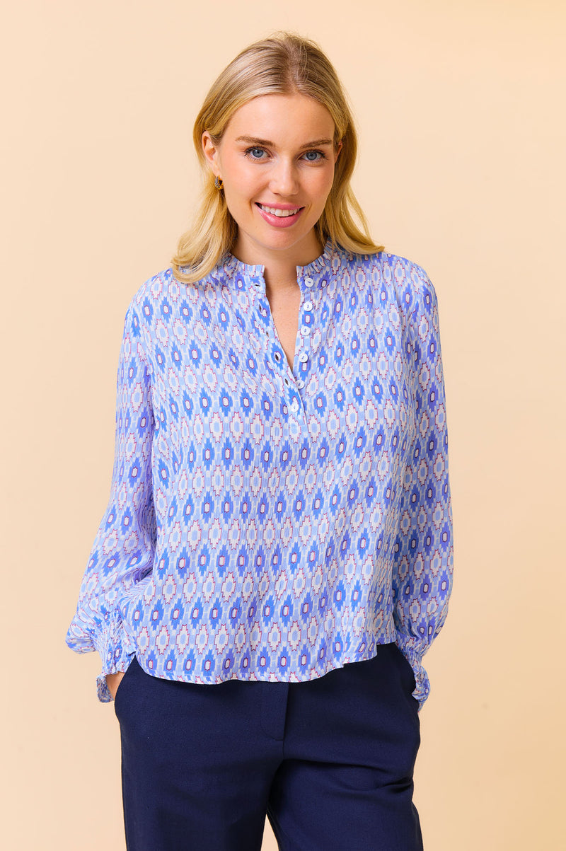 Kaia Blouse | Aztec Light Blue/Red