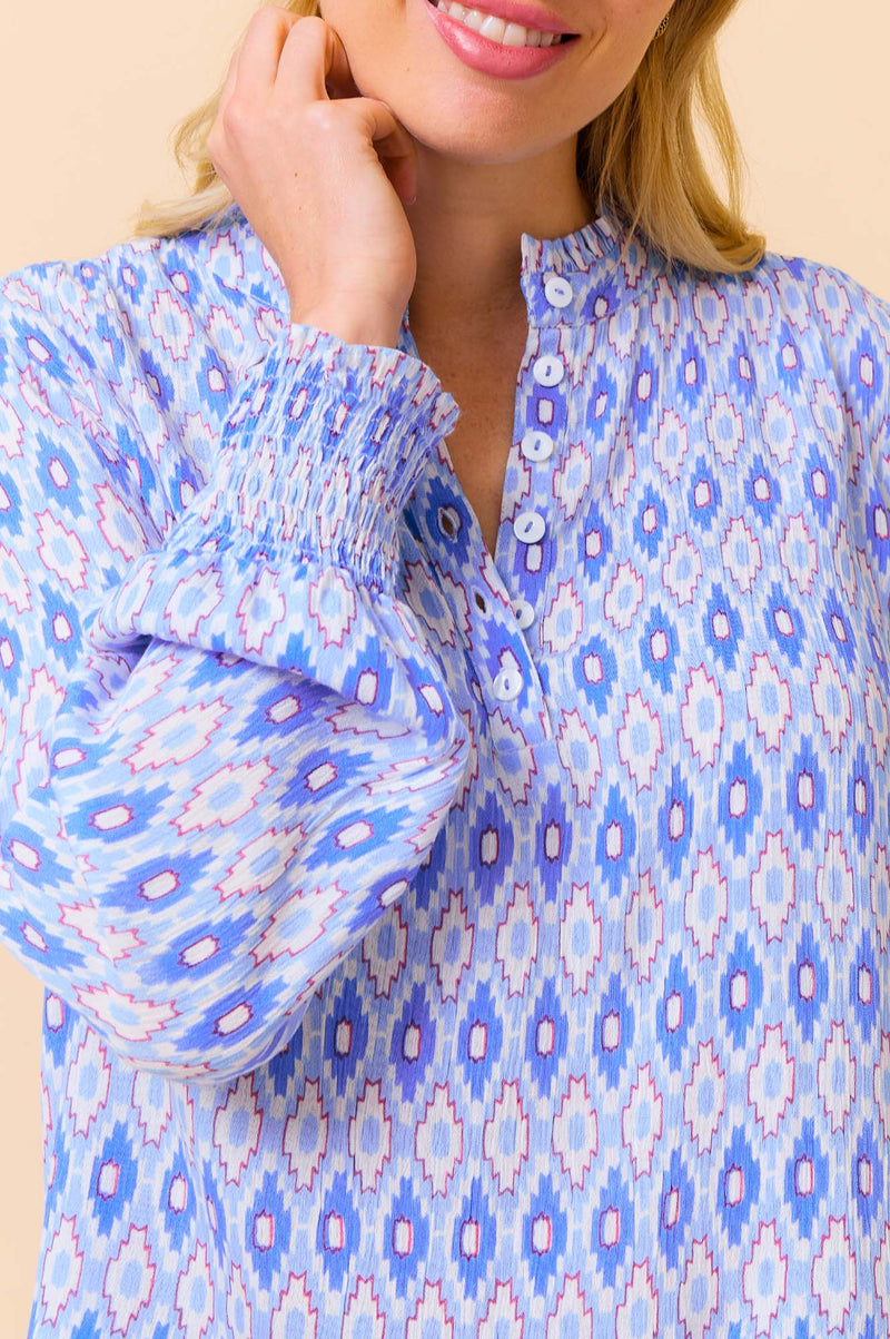 Kaia Blouse | Aztec Light Blue/Red