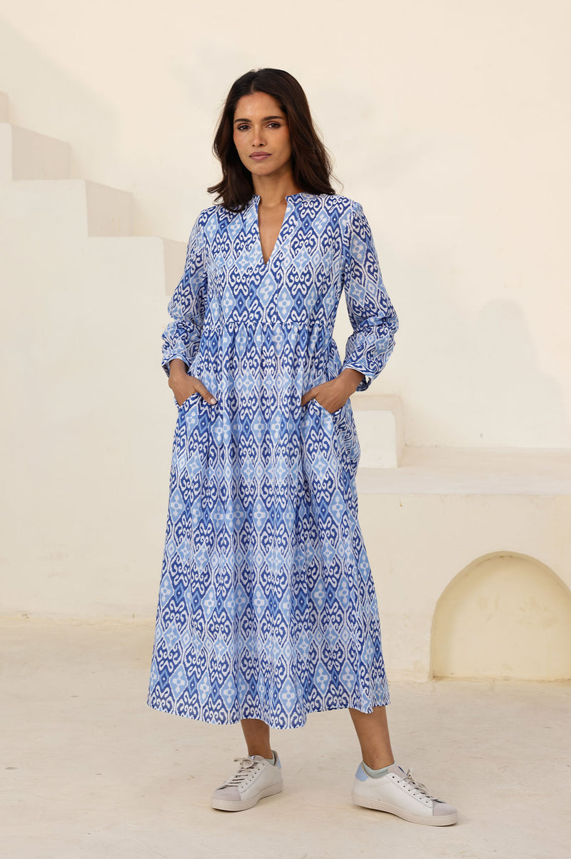 Mara Organic Cotton Dress | Mara Ikat White/Blue