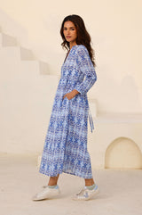 Mara Organic Cotton Dress | Mara Ikat White/Blue