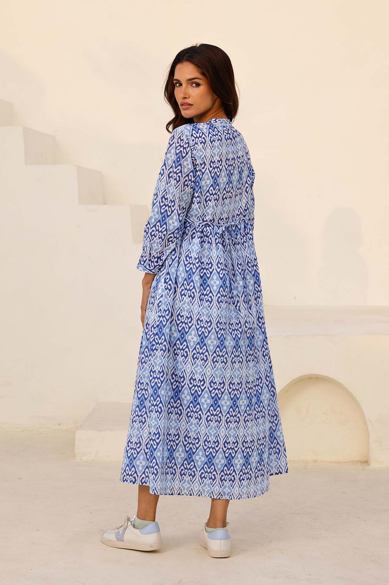 Mara Organic Cotton Dress | Mara Ikat White/Blue