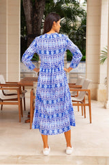 Mara Organic Cotton Dress | Mara Ikat White/Blue