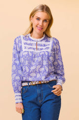 Margot Organic Cotton Block Print Blouse | Iris Blue/White