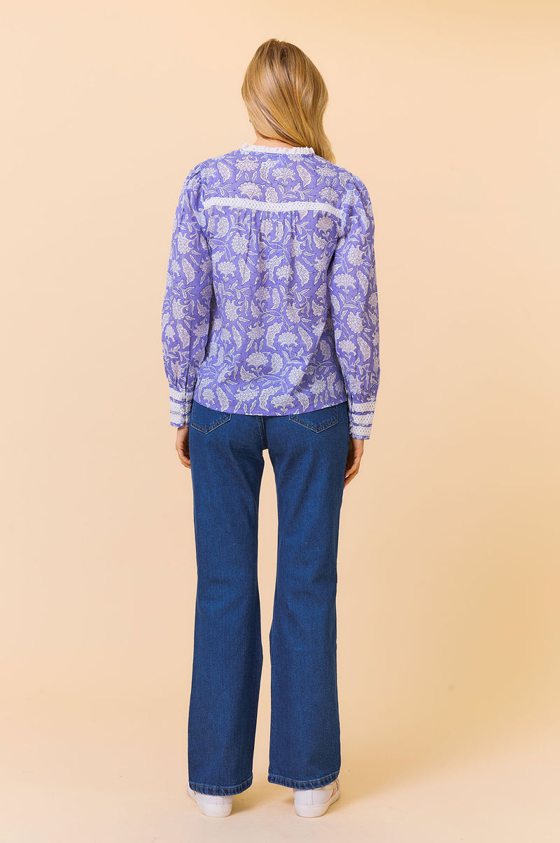 Margot Organic Cotton Block Print Blouse | Iris Blue/White