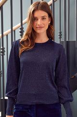 Metallic Knit Crew Neck Jumper | Navy/Blue