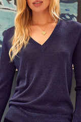 Metallic Knit V-Neck Jumper | Navy/Blue