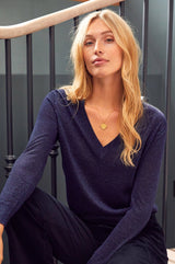 Metallic Knit V-Neck Jumper | Navy/Blue