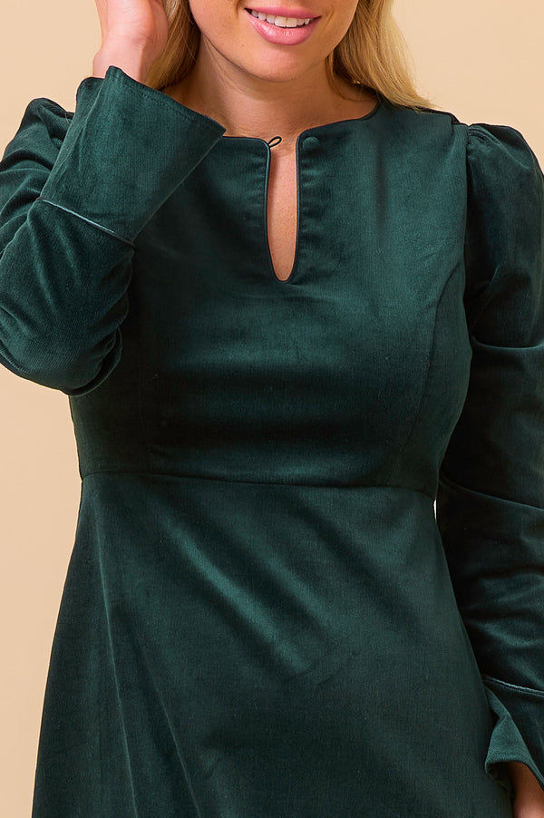 Paloma Round Neck Long Sleeve Stretch Corduroy Dress | Bottle Green