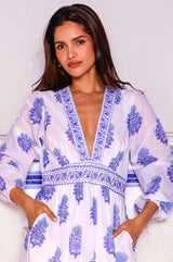 Pippa Long Sleeve Block Print Dress | Pansy Buta Blue