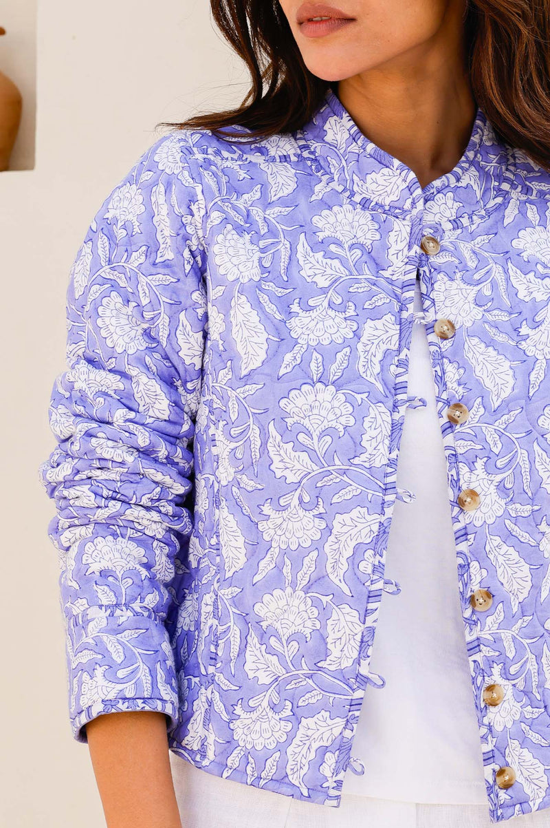 Polly Organic Cotton Block Print Quilted Jacket | Iris Blue/White