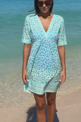 Santorini Kaftan | Soft Cheetah White/Turquoise