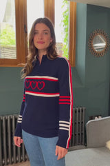 Merino Wool Stripe Hearts Quarter Zip | Navy/Cream/Red