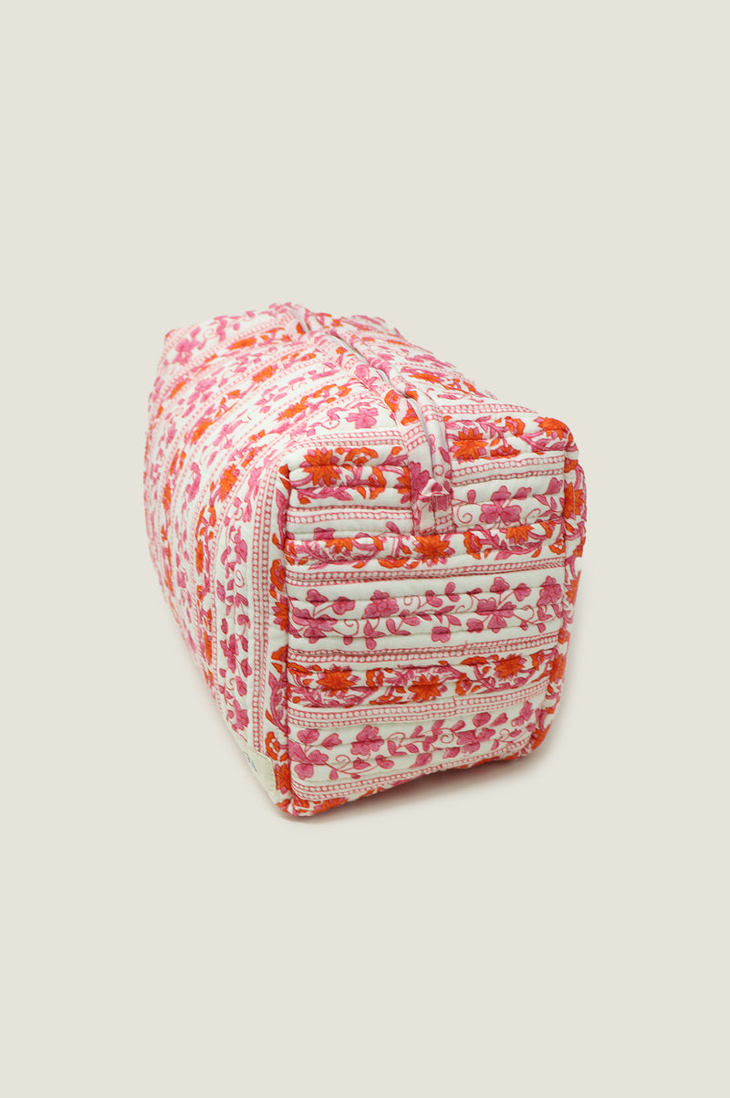 Large Block Print Wash Bag | Linear Botanical Orange/Pink