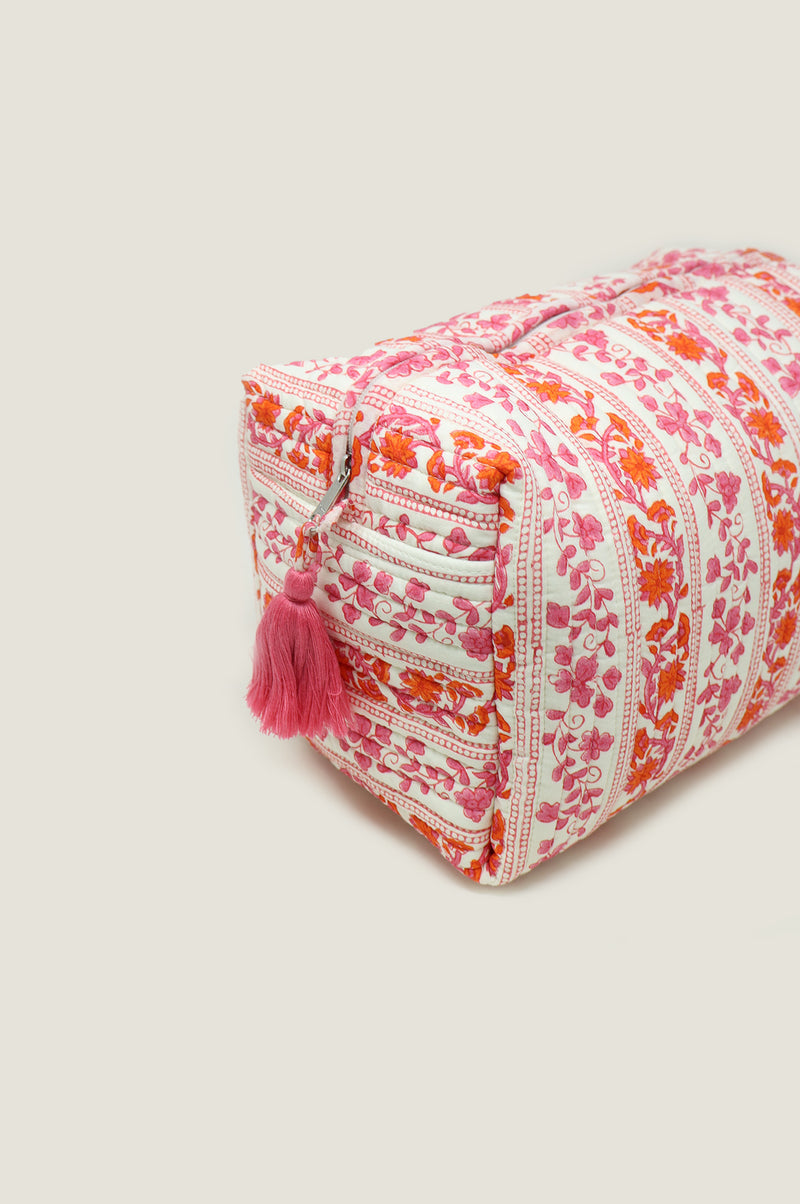 Large Block Print Wash Bag | Linear Botanical Orange/Pink