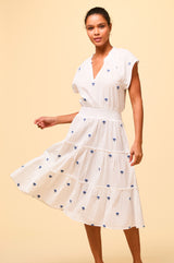 Riley Embroidered Organic Cotton Dress | White/Blue