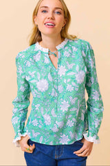 Rosie Organic Cotton Block Print Blouse | Lotus Green/Blue