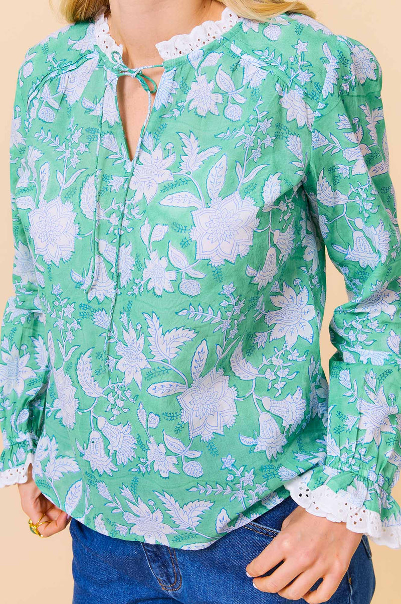 Rosie Organic Cotton Block Print Blouse | Lotus Green/Blue