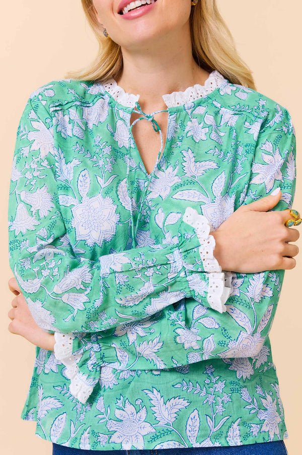 Rosie Organic Cotton Block Print Blouse | Lotus Green/Blue