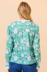 Rosie Organic Cotton Block Print Blouse | Lotus Green/Blue