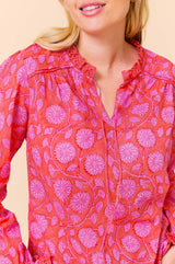 Rosie Organic Cotton Block Print Blouse | Lotus Red/Pink