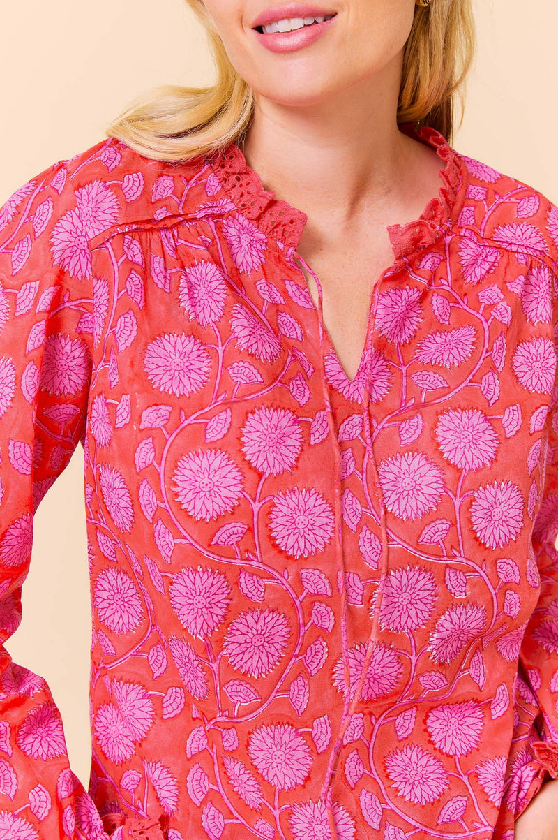 Rosie Organic Cotton Block Print Blouse | Mara Red/Pink