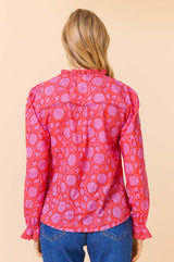 Rosie Organic Cotton Block Print Blouse | Lotus Red/Pink