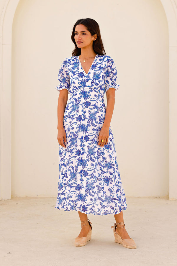 Short Sleeve Sally Anne Dress | Paisley Floral White/Blue