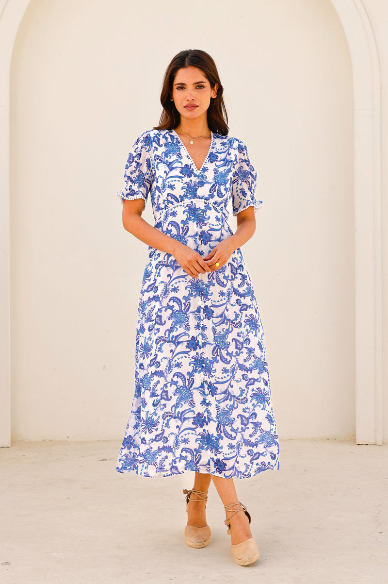 Short Sleeve Sally Anne Dress | Paisley Floral White/Blue