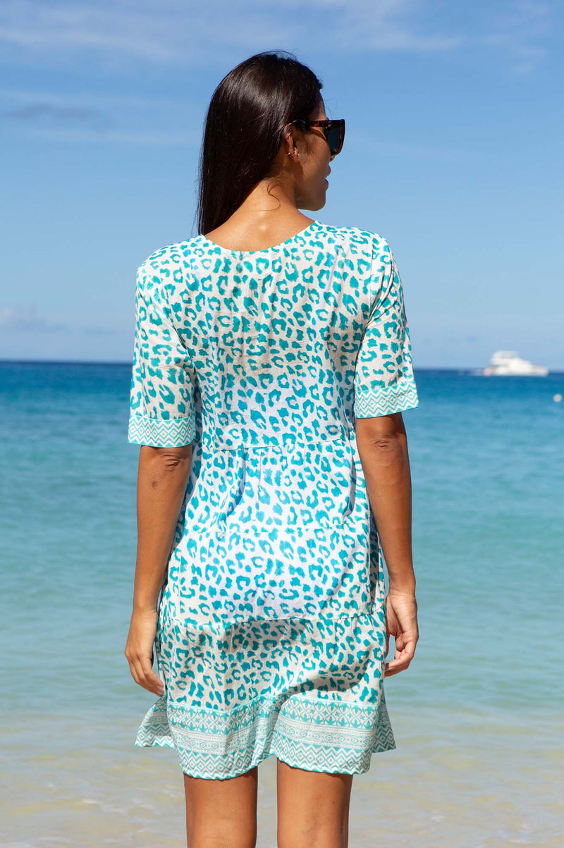 Santorini Kaftan | Soft Cheetah White/Turquoise