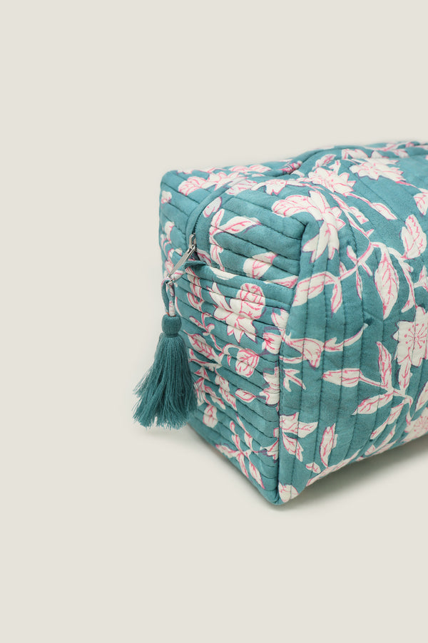 Medium Block Print Wash Bag | Japanese Flower Sea Green