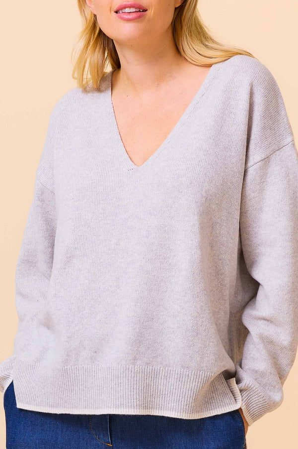 Merino Wool V-Neck Jumper | Grey Marl