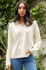 Merino Wool Relaxed V-Neck Jumper | Cream