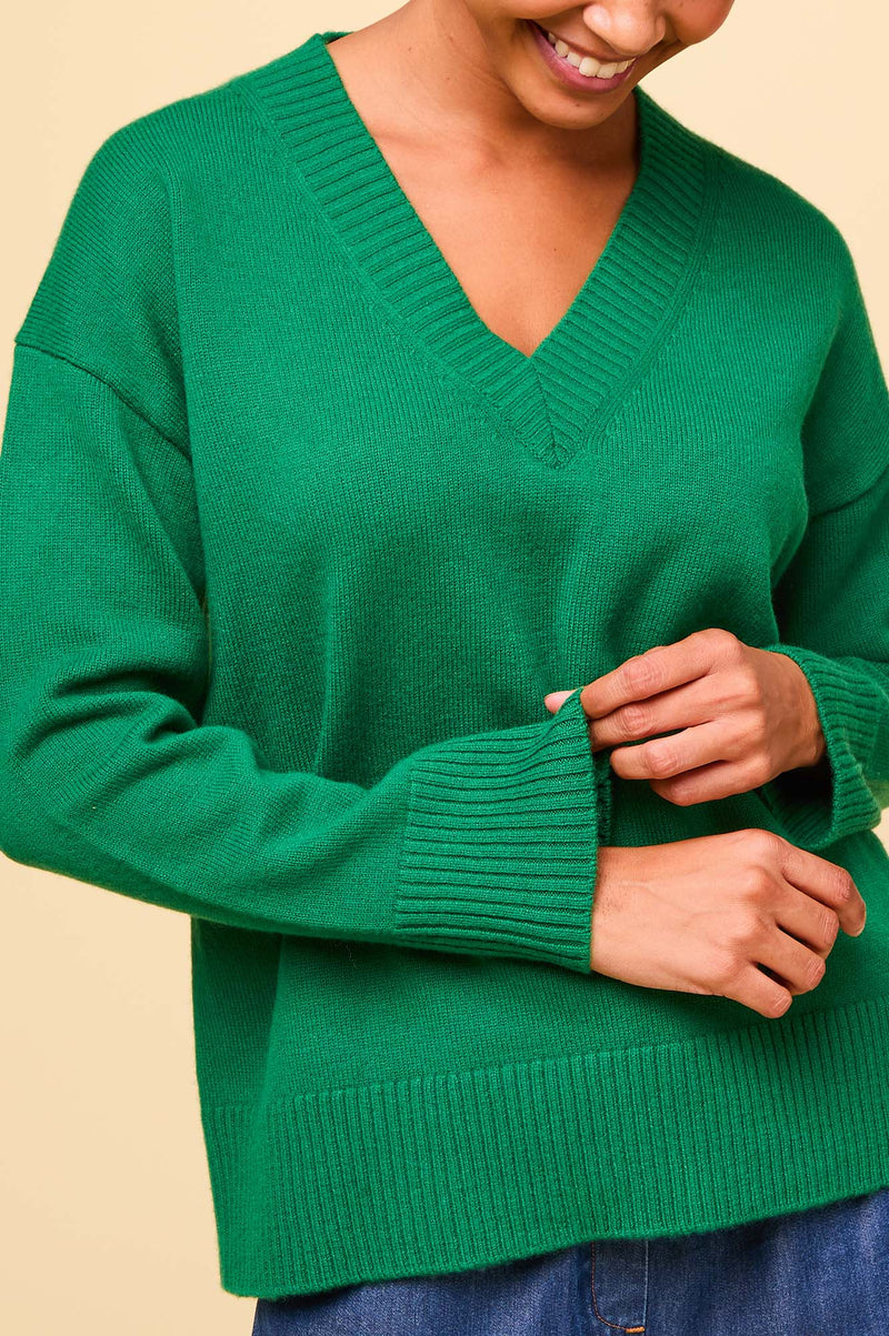 Merino Wool Relaxed V-Neck Jumper | Fern