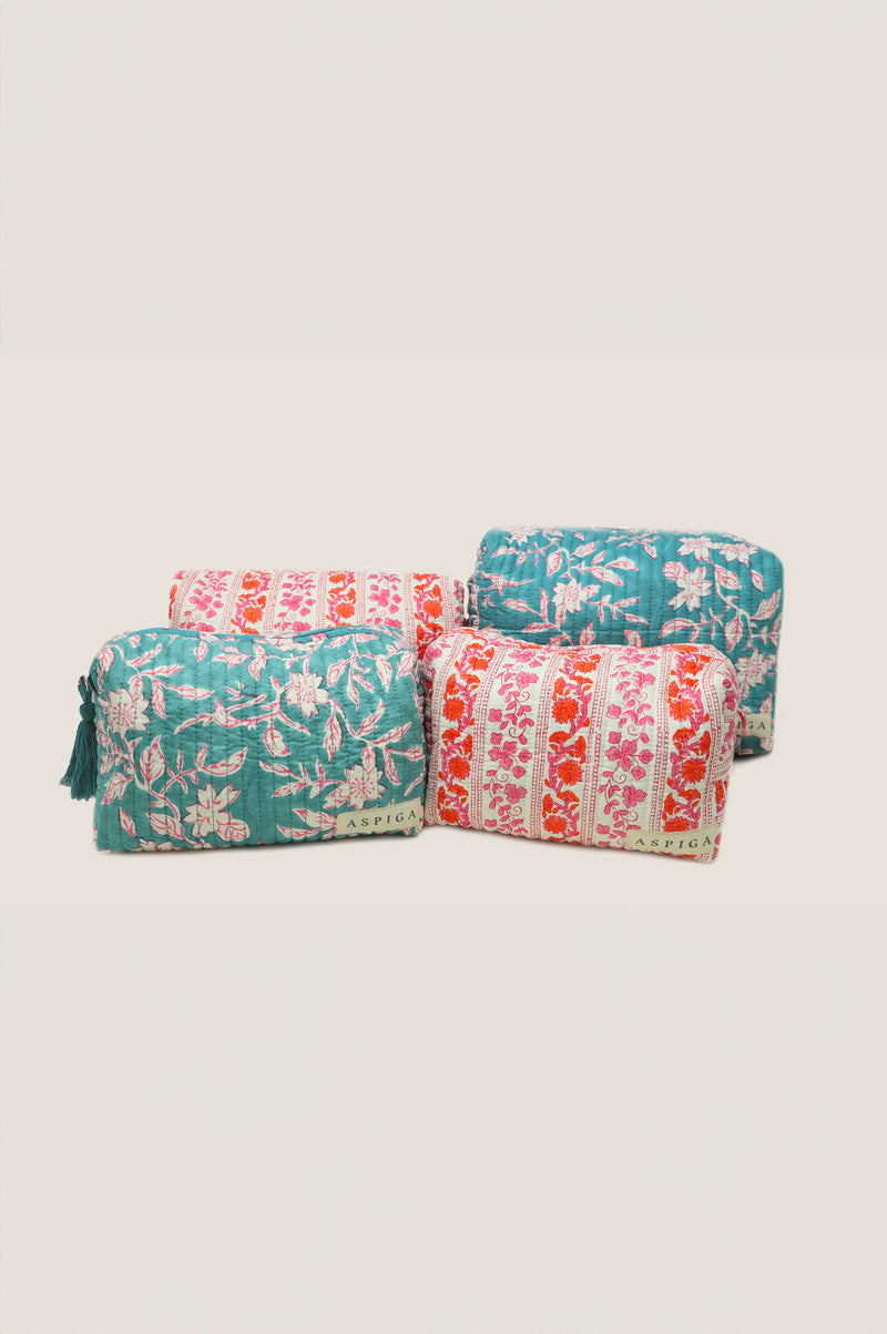 Medium Block Print Wash Bag | Linear Botanical Orange/Pink